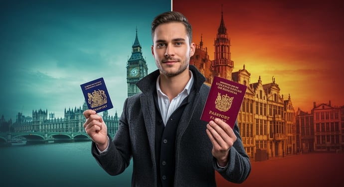 A man holding a different passport in each hand with London and Brussels in the background.